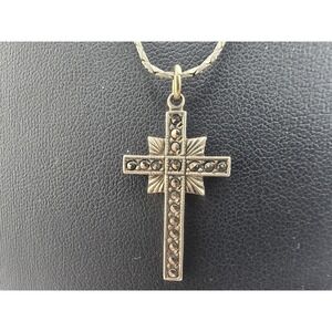 Vintage Theda Sterling Estate Cross Necklace Marcasite Religious Pendant 18in
